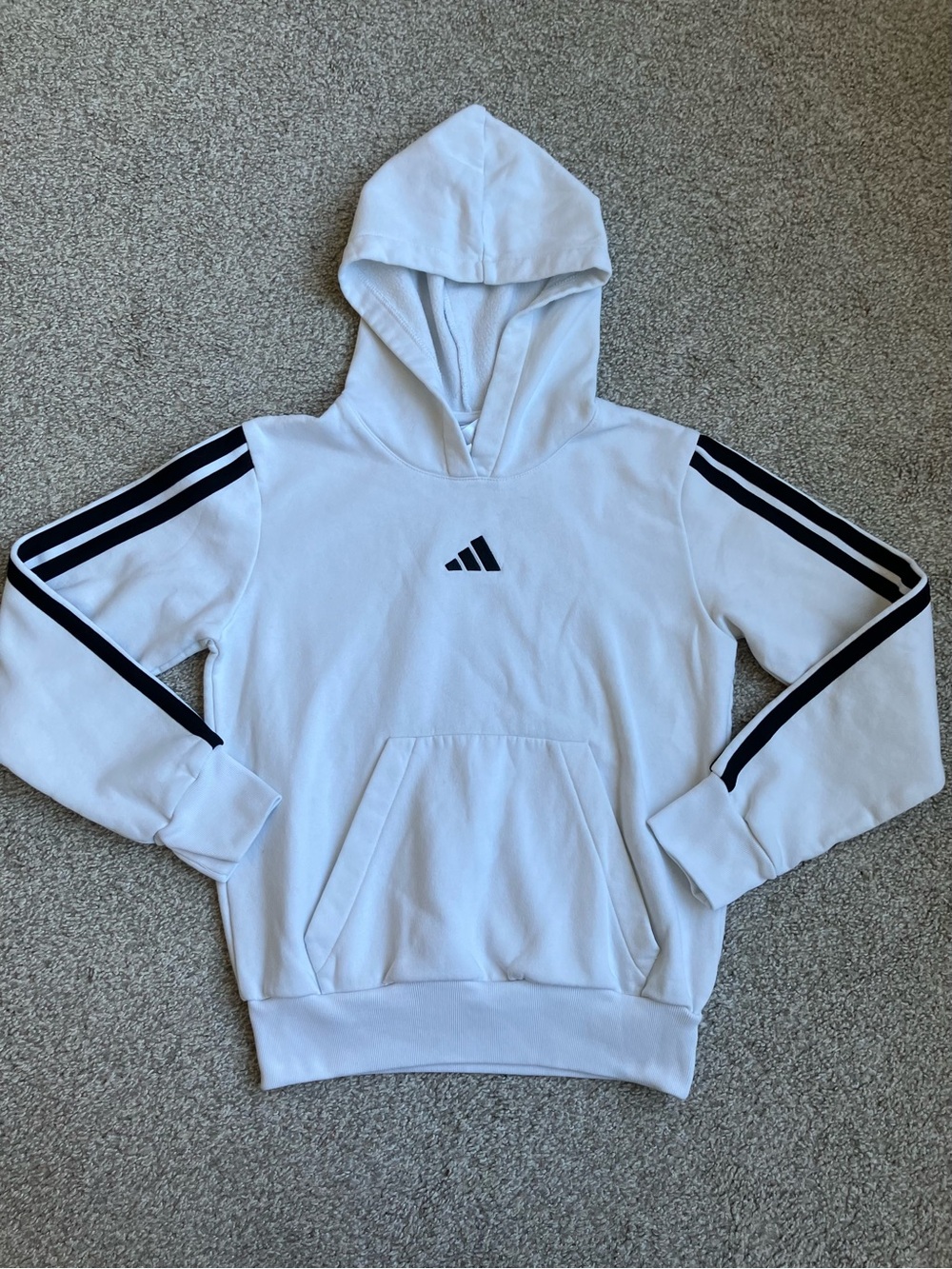adidas White Kids Hoodie with Black Sleeve Stripes
